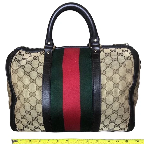 GUCCI GG Beige and Brown Boston Duffel Bag with Red and Green Sherryline Stripes - Picture 9 of 17